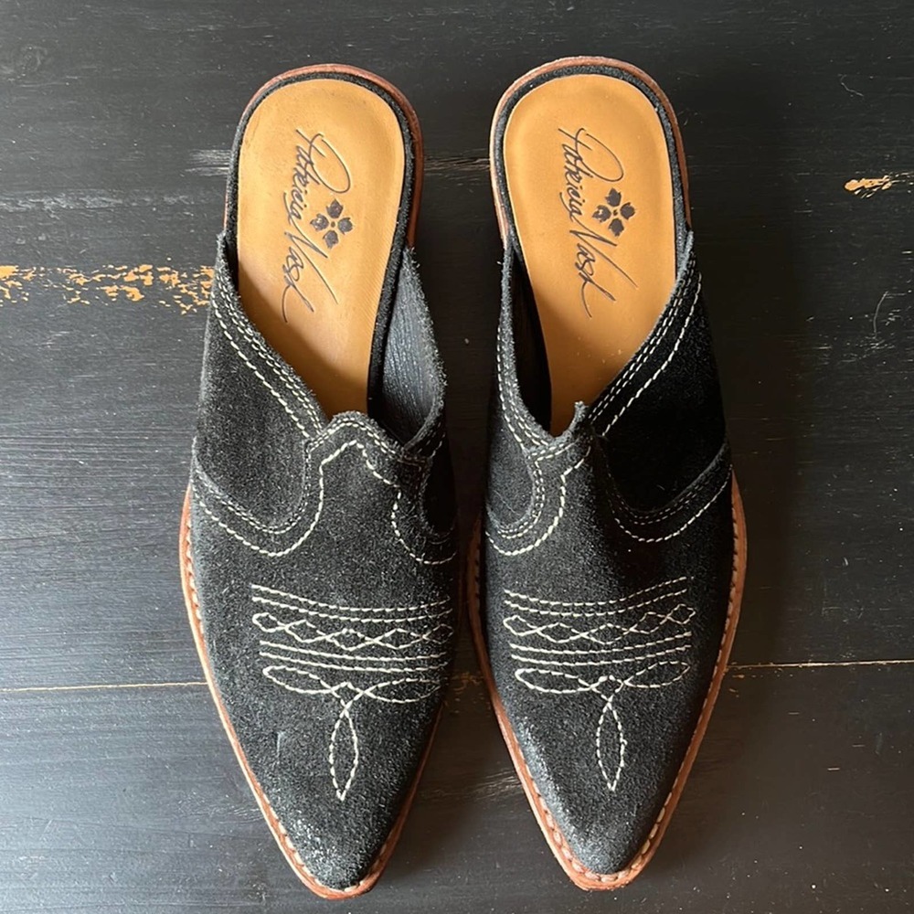 Patricia Nash Black Batista western suede leather mules